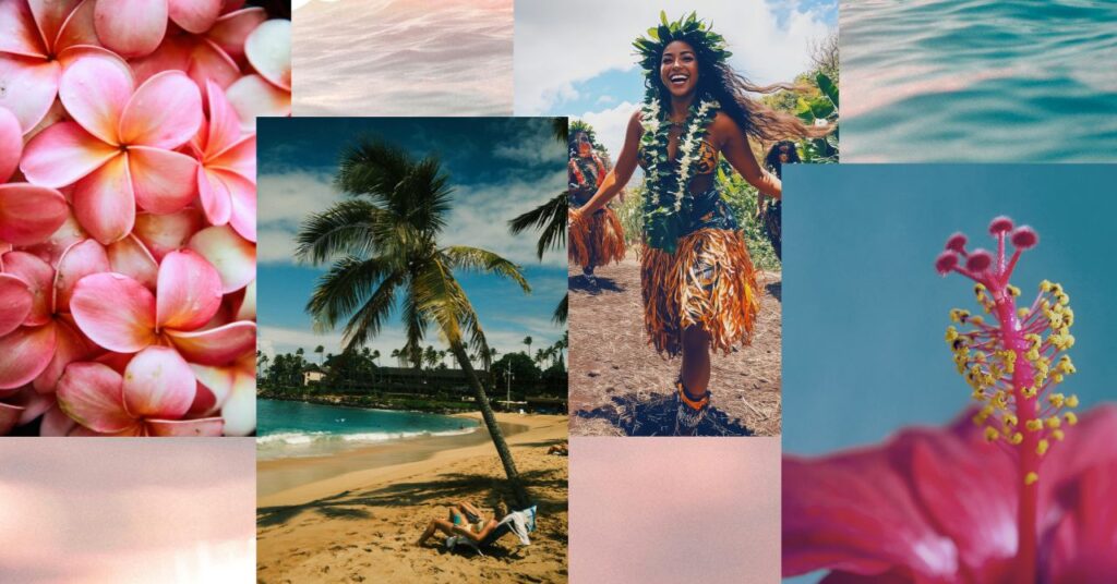 ハワイ語の原点であるフラダンサーやと海プルメリアやヤシの木