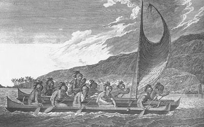 航海をしているファーストハワイアン達のモノクロの絵