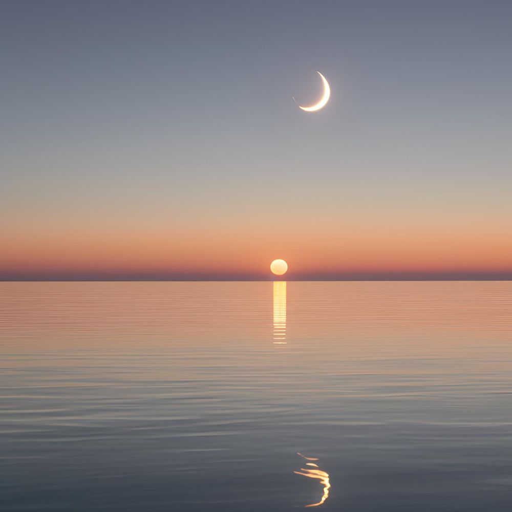 (10000778)海に沈む太陽と夜空に昇る月