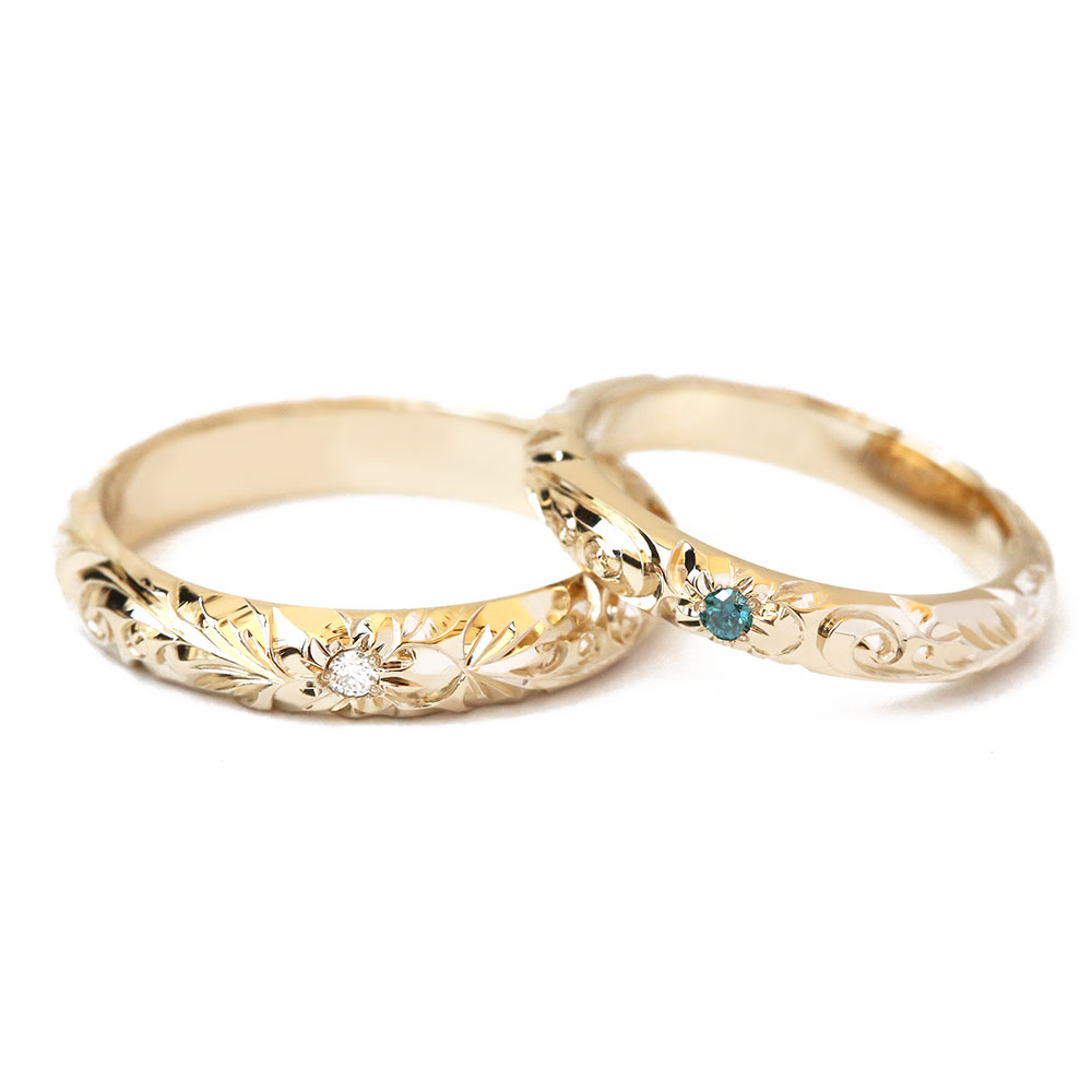 K1８シャンパンゴールドにホワイトダイヤモンドとブルーダイヤモンドを留めたマリッジリング/結婚指輪/ハワイアンジュエリーブランドPUAALLY(プアアリ)