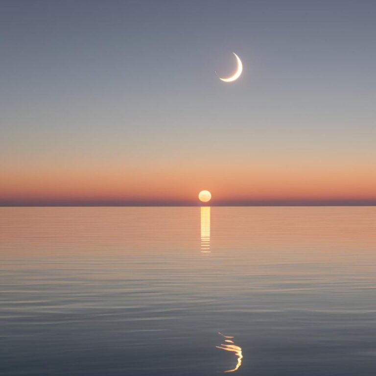 太陽と月の意味をイメージしたAI画像、静かな海の上には月と沈む太陽