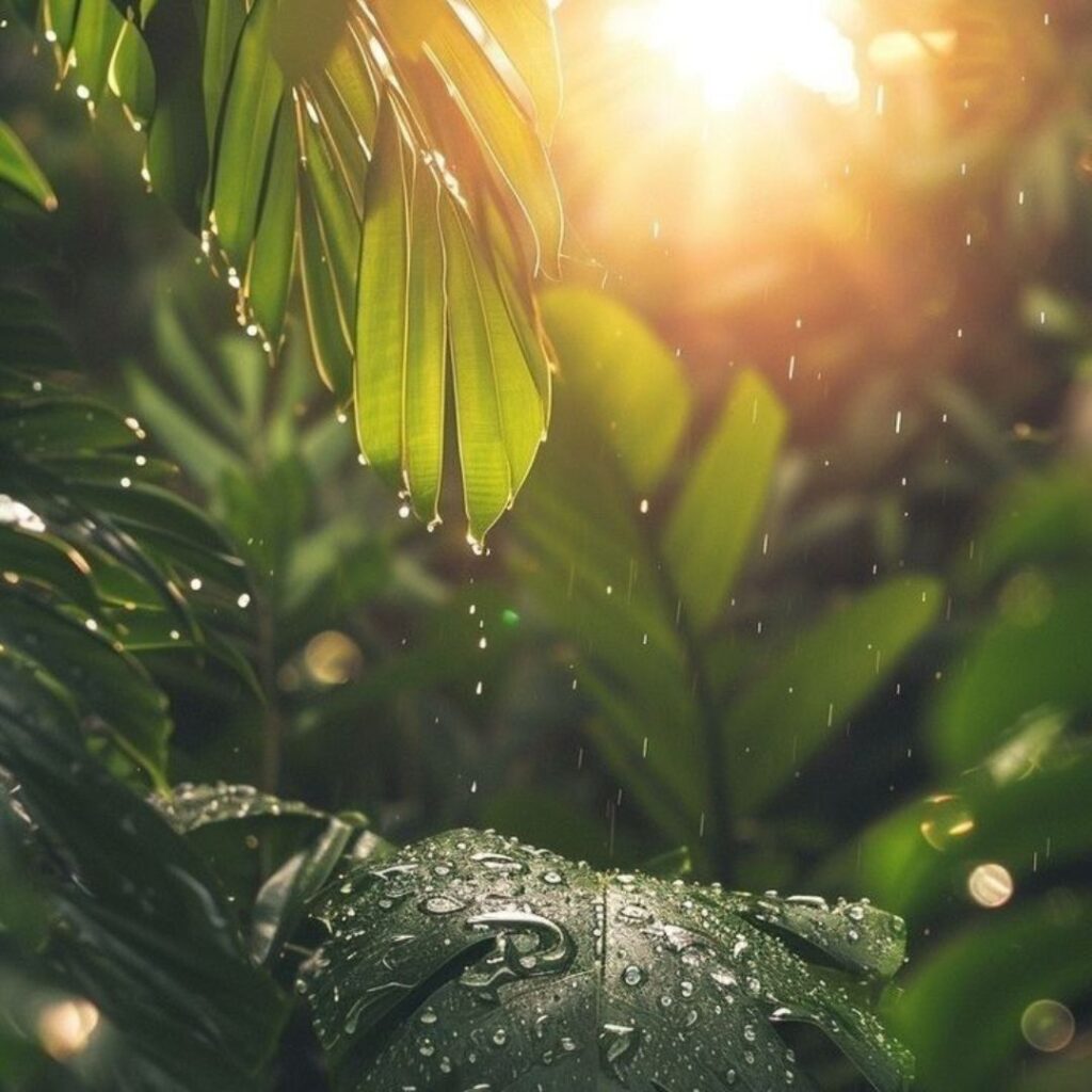 雨に濡れた南国の植物の間に太陽の光が差している