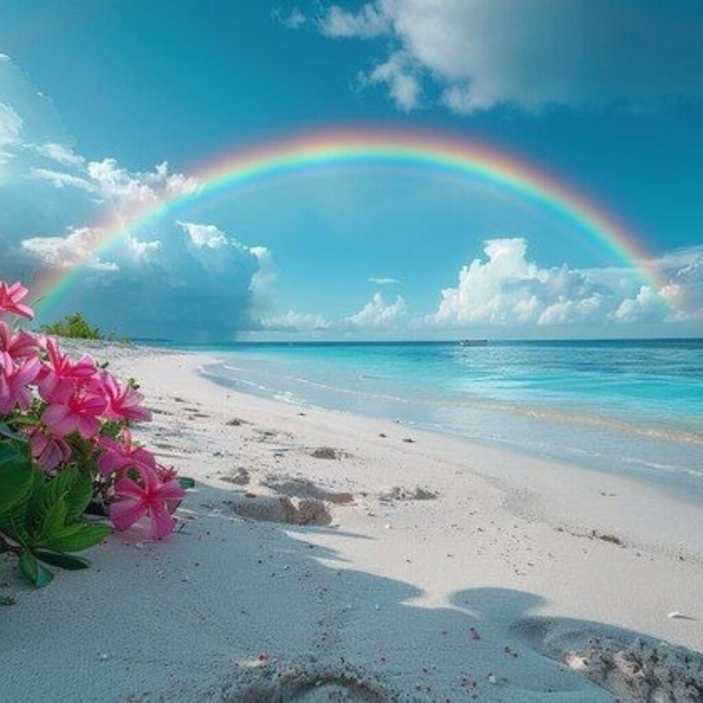 青い海と白い砂浜に咲くピンクの花の空に虹が掛かっている