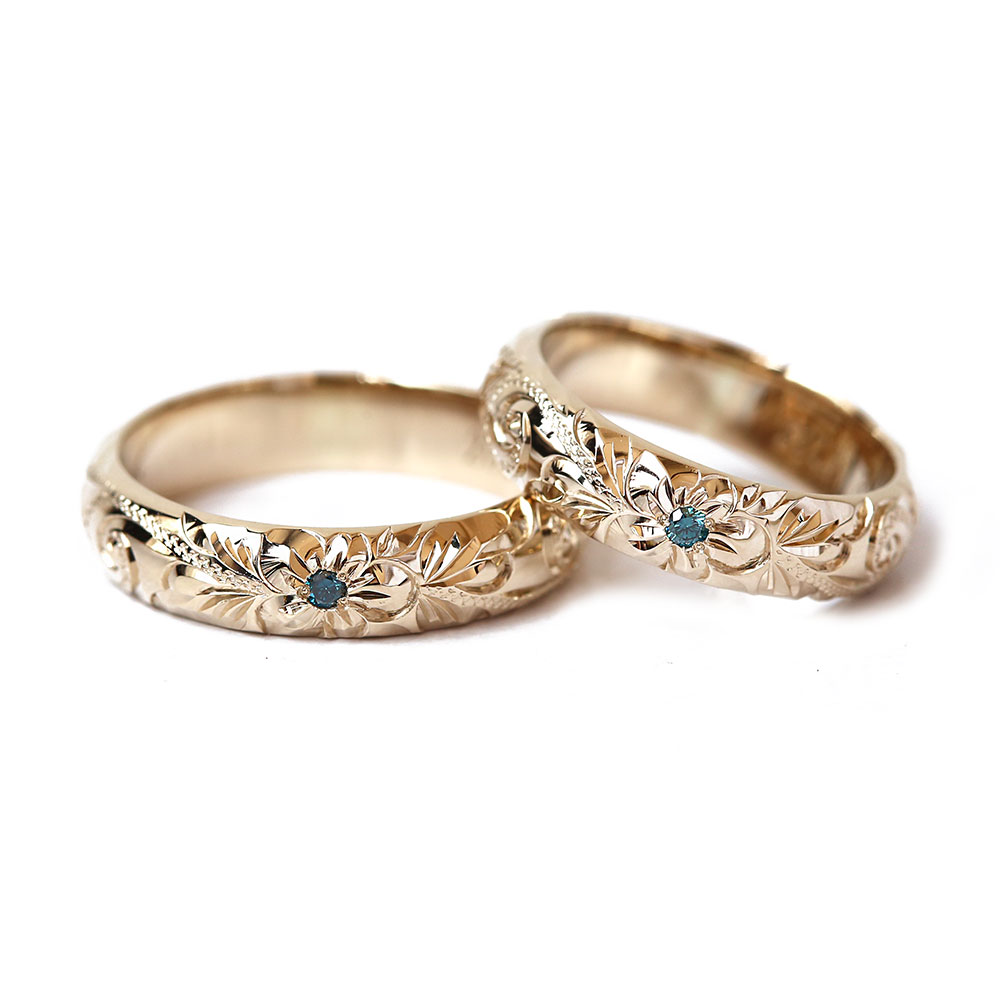 ハワイアンジュエリー結婚指輪ブラウンゴールドブルーダイヤモンド