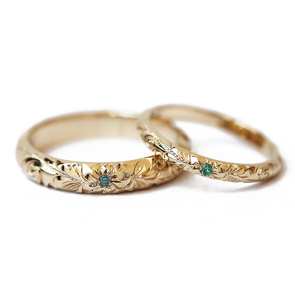 ハワイアンジュエリー結婚指輪シャンパンゴールド誕生石付き