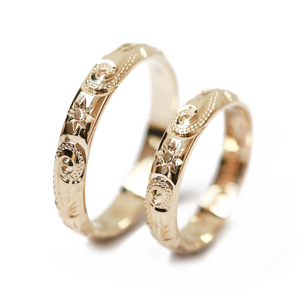 ハワイアンジュエリーゴールド結婚指輪の太陽デザイン