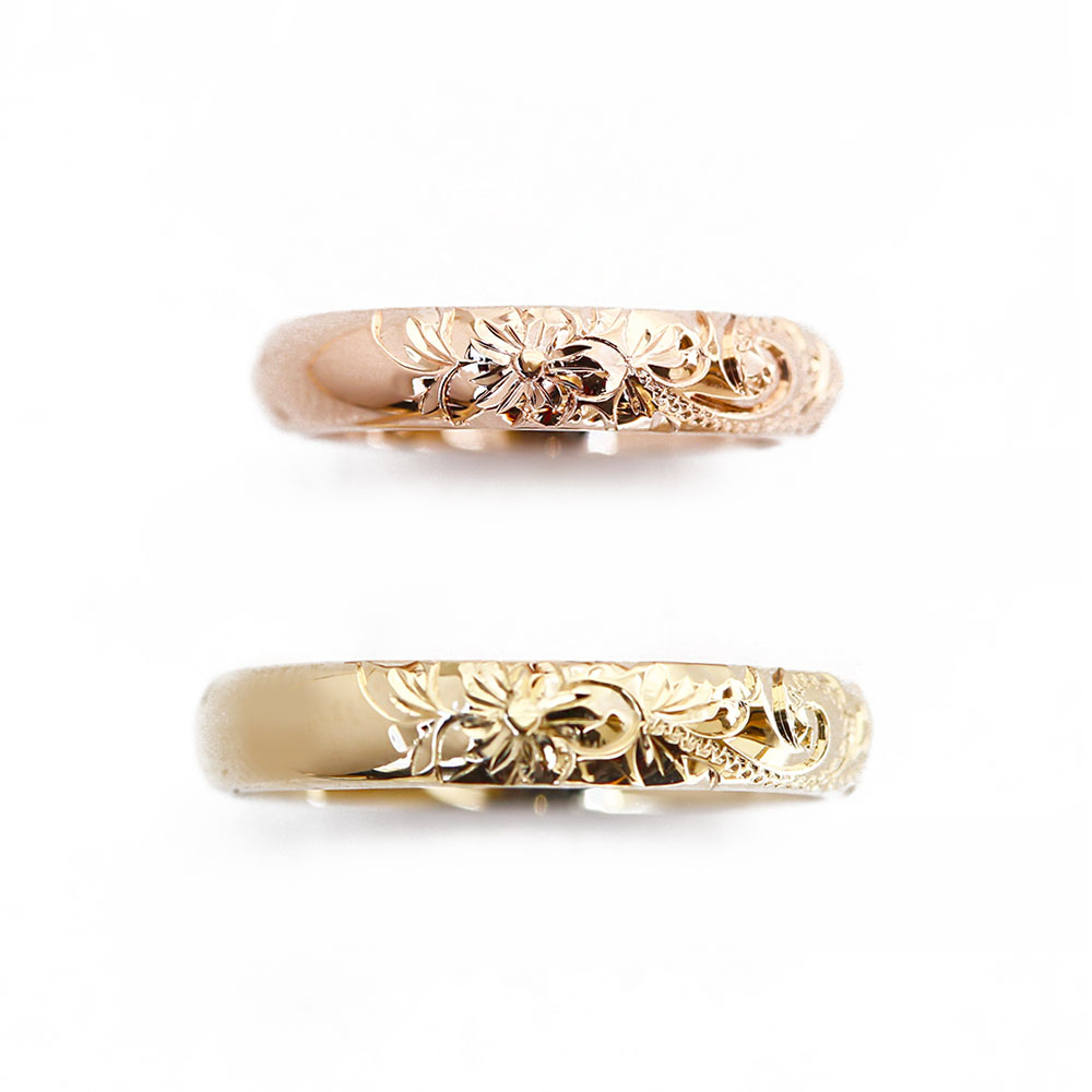 ハワイアンジュエリー半面彫りハーフフェイスデザインの結婚指輪