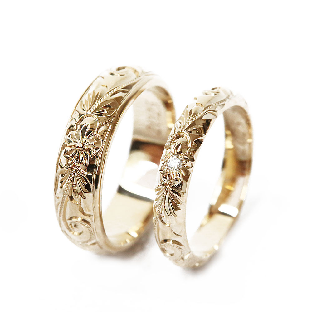 ハワイアンジュエリーゴールド結婚指輪のホワイトダイヤモンド