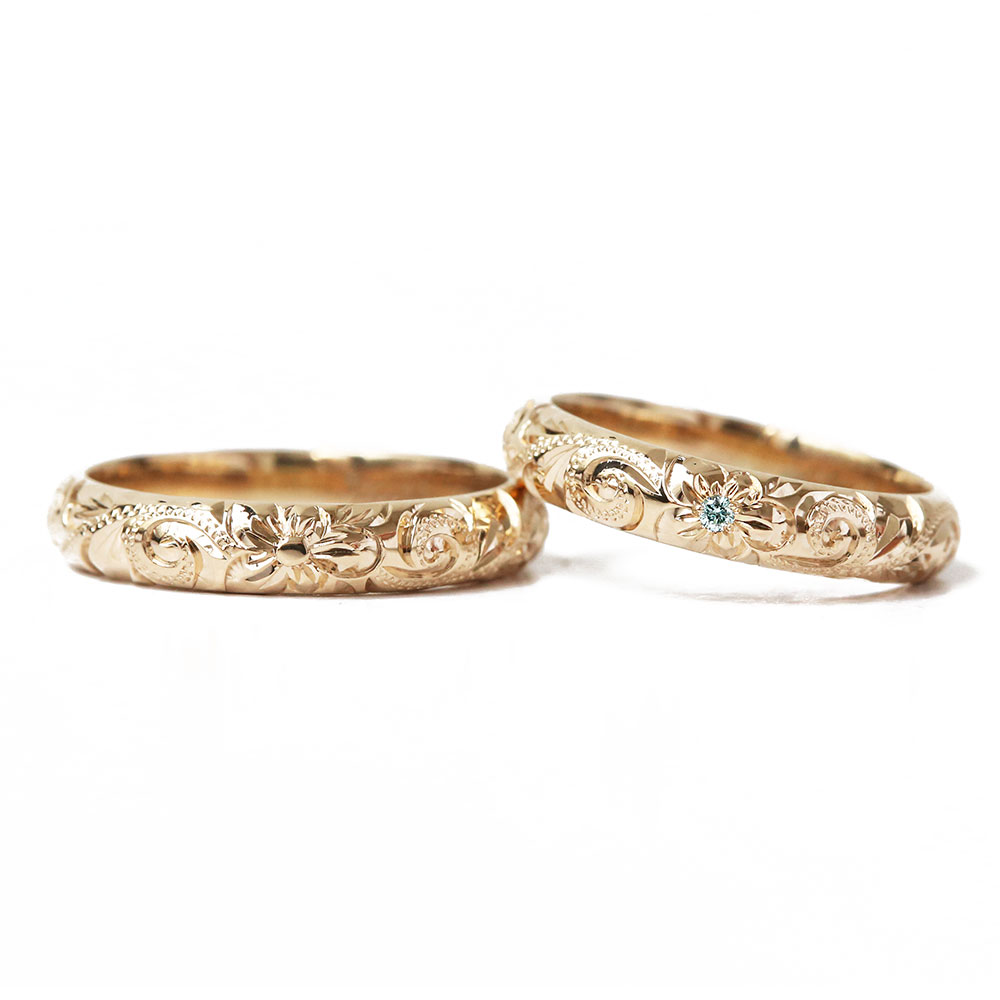 ハワイアンジュエリー結婚指輪ブラウンゴールドスカイブルーダイヤモンド