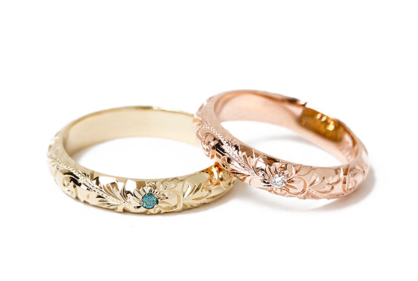 ハワイアンジュエリー結婚指輪ゴールドとピンクゴールドのダイヤモンド付