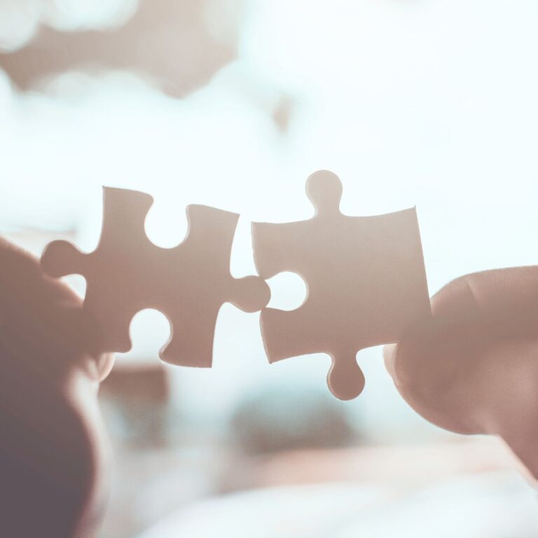 二人がパズルのピースを持つ手